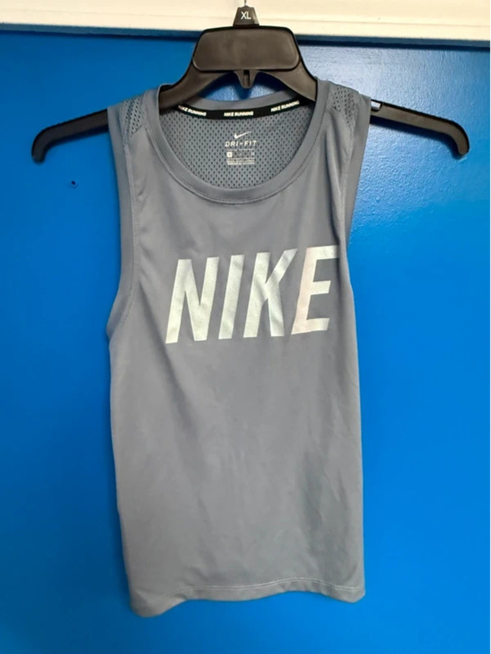 Nike Running Dri-FIT Womens Slate Blue Mesh Back Tank Top Silver Logo Small